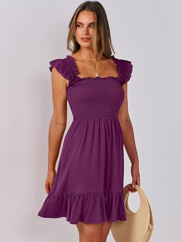 ANRABESS Women's Summer Casual Sleeveless Square Neck Dress 2025 Smocked Ruffle Backless Boho Beach Cute Teen Short Sundress Purple Red Large - Image 8