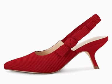 Coutgo Womens Slingback Kitten Heels Closed Pointed Toe Bowknot Knitted Slip On Work Pumps Dress Shoes Red - Image 4