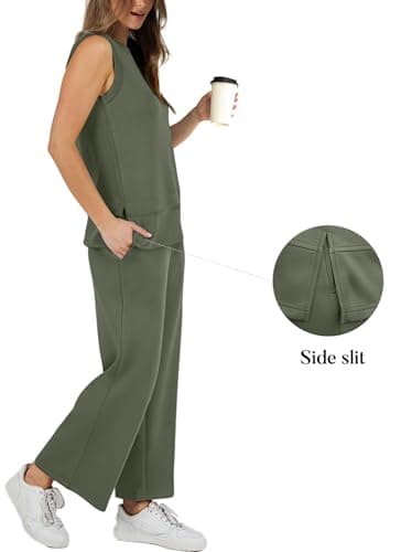 XIEERDUO Womens Two Piece Outfits Summer Travel Tracksuit Sleeveless Vacation Loungewear Spring Sweat Suit Wide Leg Pants Matching Lounge Set Green XL - Image 2