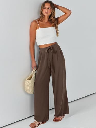 Caracilia Women Wide Leg Palazzo Pants Summer High Waist Flowy Casual Trousers Loose Lounge Beach Travel Vacation Clothes Brown Large - Image 9
