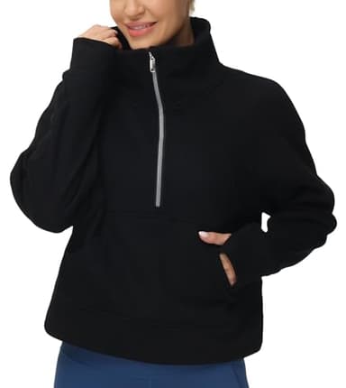 Women's Half Zip Pullover Sweatshirt Fleece Stand Collar Crop Sweatshirt with Pockets Thumb Hole Black - Image 1