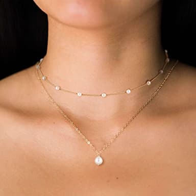 Layered Gold Pearl Necklaces for Women, 14K Gold Plated Dainty Layered Single Pearl Necklace Simple Pearls Choker Chain Necklace Gold Layered Necklaces for Women Trendy Jewelry Gifts - Image 3