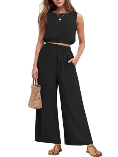 GRECERELLE Two Piece Sets for Women Sleeveless Crop Top Wide Leg Pants Sweat Set for Women 2025 Summer Black-M - Image 1