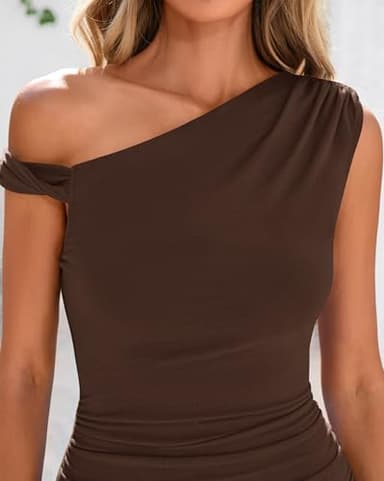 BTFBM Women's Formal Cocktail Dresses Fall 2025 One Shoulder Twist Strap Ruched Bodycon Elegant Wedding Party Maxi Dress(Coffee, Small) - Image 8