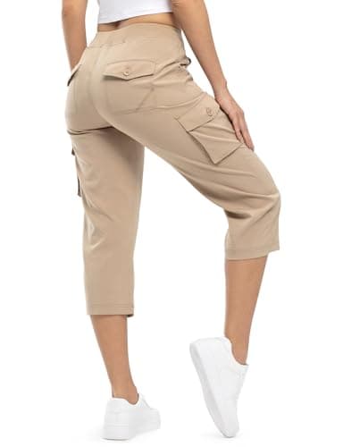 TBMPOY Womens Cargo Capris Hiking Lightweight Pants 6 Pockets Quick Dry Casual Outdoor Trip Loose Shorts Cropped Cotton Khaki S - Image 1