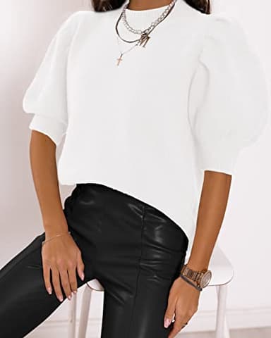 Women's Puff Short Sleeve Sweater Tops 2025 Spring Summer Trendy Crew Neck Casual T Shirts Blouses A-White - Image 2