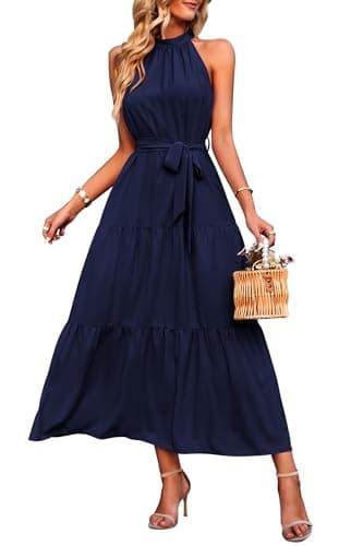 PRETTYGARDEN Women's Summer Maxi Sun Dress Sleeveless Halter Neck Flowy Ruffle Hem Long Boho Dresses with Belt (Solid Navy,Large) - Image 1