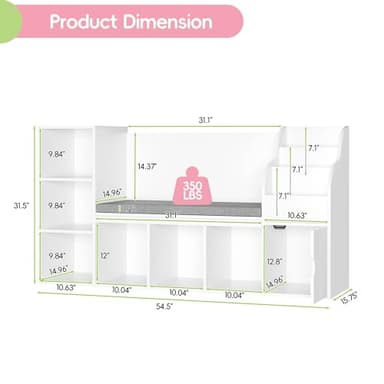 MU Kids Bookshelf with Reading Nook, Toddler Bookcase Bench with Seat Cushion and 7 Storage Cubbies, Kids Reading Nook for Boys & Girls, Toy Storage Bench Box for Bedroom, Playroom, Nursery, White - Image 2