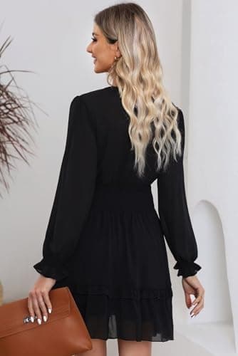 Dokotoo Dresses for Women 2025 Casual Spring Fall Sexy V Neck Ruffle Elegant Long Sleeve Empire Waist Tie Knot Chiffon Beach Tunic Swing A Line Flowy Mini Short Skater Dresses Black L - Image 5