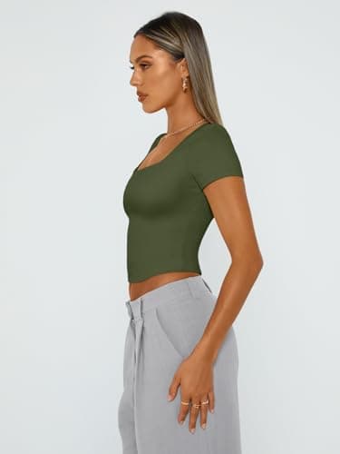 Trendy Queen Tshirts Shirts for Women Double Lined Going Out Crop Tops 2025 Spring Summer Workout Y2k Clothes Beach Fashion ArmyGreen L - Image 3