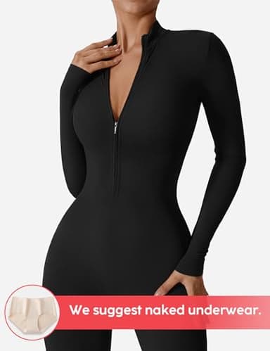YEOREO Women Long Sleeve Workout Jumpsuit Zip Up Romper Bottom Pants Bodysuit Bodycon Sexy One Piece Black M - Image 2