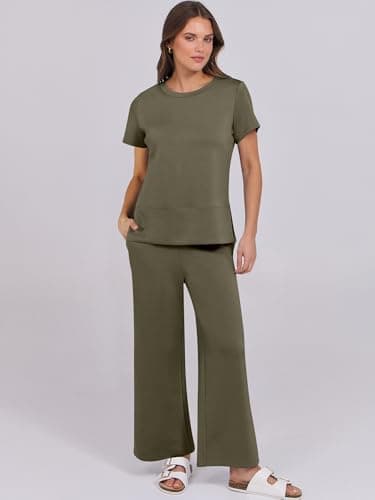 ANRABESS Women 2 Piece Lounge Sets Summer Travel Sweat Outfits Short Sleeve Wide Leg Casual Matching Tracksuits Clothes Army Green Large - Image 6