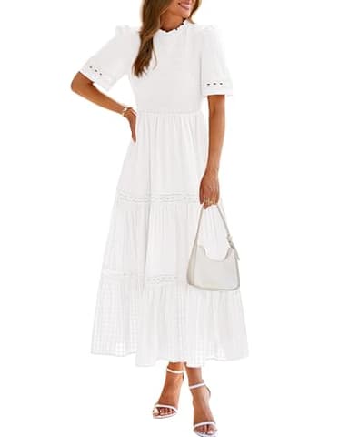 dowerme Summer Dresses for Women 2025 Casual Boho Hollow Out Short Sleeve Ruffle Mock Neck Smocked Maxi Gingham Sundress(White,Medium) - Image 1