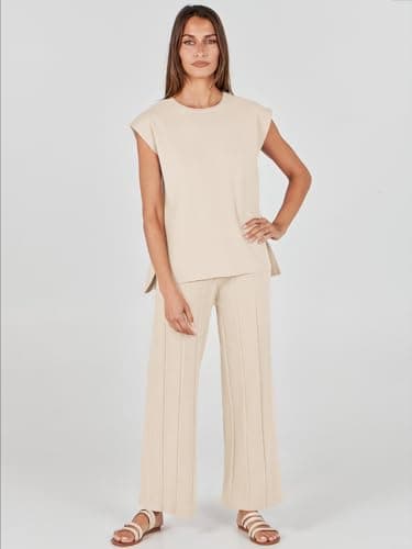 ANRABESS Women 2 Piece Lounge Sets Summer Casual Knit Sweater Vest Pant Set Beach Vacation Airport Outfits Clothes Apricot Medium - Image 9