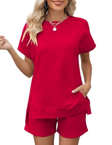 LOMON Womens Lounge Sets 2 Piece Outfits 2025 Summer Comfort Shorts Set Fashion Short Sleeve Trendy Sweatsuits(Red,M) - Image 1