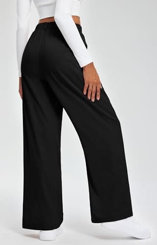 Libin Women's Wide Leg Pants 27" High Waisted Waffle Knit Casual Slacks Work Dress Pants Business Palazzo Trousers with Pockets, Black, L - Image 2
