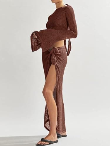 LANNEW Women's Swimsuits Cover Ups Set for Crochet Bathing Suit Hollow Out 2 Piece Bikini Coverup Beach Swimwear - Image 3