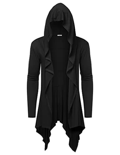COOFANDY Men's Long Hooded Cardigan Ruffle Shawl Collar Open Front Lightweight Drape Cape Overcoat Pockets, Black, Large - Image 2