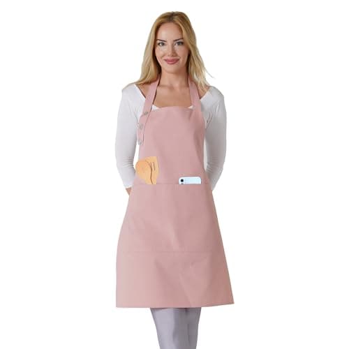 TOSHE Kitchen Apron Waterdrop Resistant Cotton Apron with adjustable Aprons for Women with Pockets 10 Color option Cooking Powder Pink Apron (Powder Pink) - Image 1