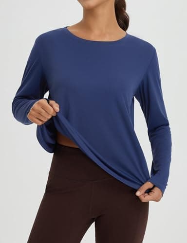 baleaf Women's Long Sleeve Workout Tops Athletic Shirts Split Back Running Gym Quick Dry Sun Protection UPF 50+ Navy Blue M - Image 2