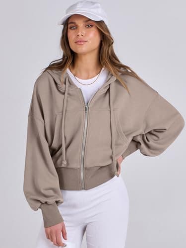 ANRABESS Womens Zip Up Hoodies Cropped Sweatshirts Casual Comfy Cute Zip Jackets Fashion Trendy Fall Outfits 2025 Y2K Clothes Khaki Small - Image 2