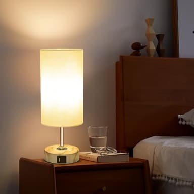 LuxeBeam 3-Way Dimmable Bedside Touch Lamp - USB-C and USB-A Ports, Faux Marble Base, White Shade with Silver Thread, Includes 8W LED Bulb for Bedroom, Living Room, Desk - Image 6