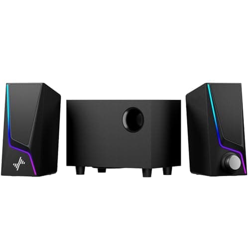 Nylavee Computer Speakers with Subwoofer, 2.1 Hi-Fi PC Speakers System with 6 Lighting Modes, Enhanced Bass, Plug and Play, USB/USB-C Powered and 3.5mm Aux in for Desktop, Monitor, Laptop, Tablet - Image 1