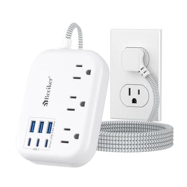 6 USB(3 USB C) Power Strip- Travel Power Strip with 6 USB Desktop Charging Station 24W/4.8A and 3 Outlets, 5Ft Flat Plug Braided Extension Cord, Non Surge Protector for Cruise Ship Travel Office Dorm - Image 1