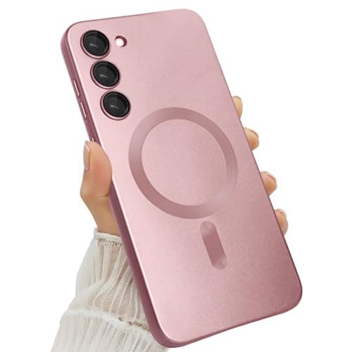 Amzfield Magnetic for Samsung Galaxy S23 Plus Case for Women Men Girls [Compatible with MagSafe] [Camera Lens Protector] Matte Cute Slim Soft Silicone Bumper Shockproof Metallic Phone Case, Pink - Image 1