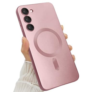 Amzfield Magnetic for Samsung Galaxy S23 Plus Case for Women Men Girls [Compatible with MagSafe] [Camera Lens Protector] Matte Cute Slim Soft Silicone Bumper Shockproof Metallic Phone Case, Pink - Image 1