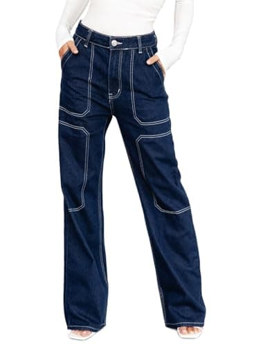 Dokotoo Womens Casual High Waisted Cargo Jeans for Women Wide Leg Boyfriend Denim Pants Blue Size 8 - Image 1