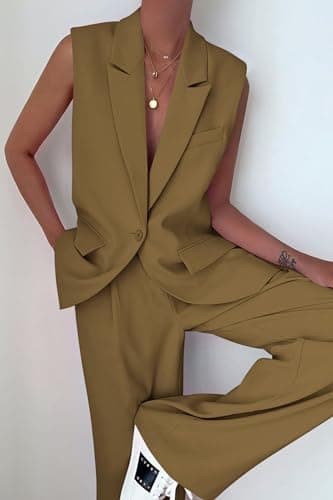 PRETTYGARDEN Women's 2 Piece Outfits Button Up Sleeveless V Neck Vest Jacket and Long Pants Suit Sets (Army Green,Large) - Image 2