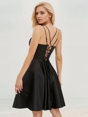 GOOSPRAN Homecoming Dresses for Teens Knee Length Spaghetti Strap with Pockets Satin Backless Prom Dress Black 4 - Image 9