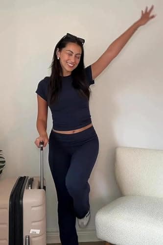 ZFLM Casual Workout Two Piece Outfits for Women Short Sleeve Crop High Waist Foldover Flare Pants Tracksuit Sets Streetwear - Image 3