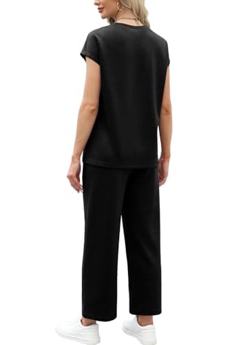 WIHOLL Workout Sets for Women 2 Piece Travel Outfits Summer Lounge Matching Sets Women's Clothing Fashion Travel Vacation Cruise Outfits Crew Neck Cap Sleeve Wide Leg Crop Pants Set 2025 Black M - Image 5