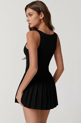 QINSEN Pleated Workout Dress with Built in Shorts Square Neck Sleeveless No Bra Summer Athletic Dress Black M - Image 2
