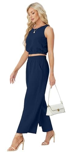 2 Piece Sets for Women Summer Sleeveless Crop Top Wide Leg Pants Resort Wear for Women 2025 Dark Blue-M - Image 3