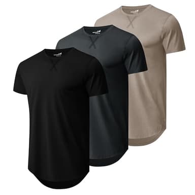 Mens 3 Pack Plain Cotton Shirts Short Sleeve Casual Crew Neck T-Shirts Hipster Hip Hop Longline Tees Shirts Drop Cut Curved Hem Shirt (BKDGKA XL) - Image 1