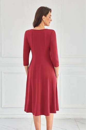 GRACE KARIN Midi Dresses for Women 2025 Casual 3/4 Sleeve Dress A Line Fit and Flare Fall Dresses Dark Red L - Image 4
