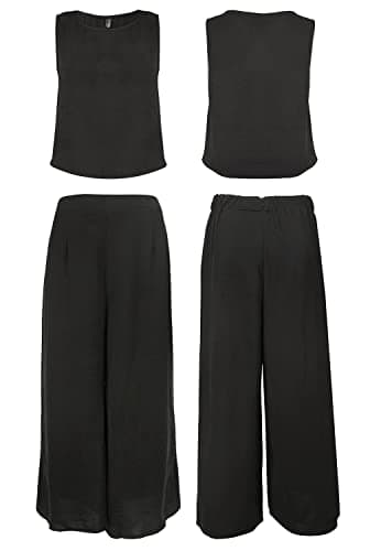 ROYLAMP Women's Summer 2 Piece Outfits Round neck Crop Basic Top Cropped Wide Leg pants Set Jumpsuits Black S - Image 5