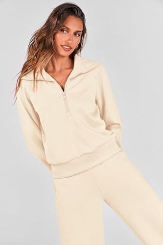 PRETTYGARDEN Women's 2 Piece Outfits Casual Lapel Half Zip Sweatshirts And Wide Leg Pants Tracksuit Sets (Beige,X-Small) - Image 6