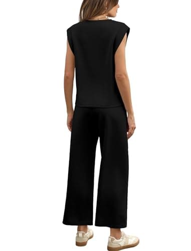 Sampeel 2 Piece Sets for Women Summer Outfits Matching Sets Women Clothing Business Casual Travel Vacation Outfits Cap Sleeve Tops Lounge Sets 2025 Black S - Image 5