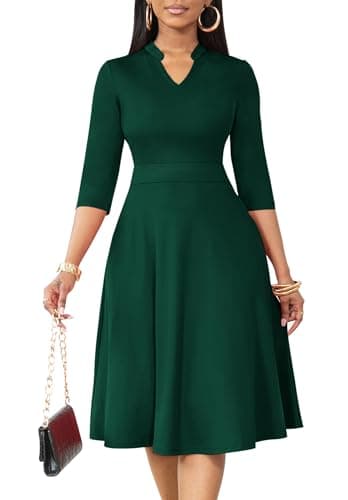 Nmoder Casual Dresses for Women Semi Formal Fit and Flare 3/4 Sleeve A-line Church Work Dress with Pockets Pine Green L - Image 1