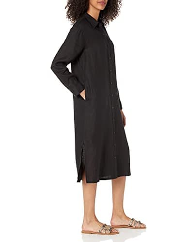 The Drop Women's Fiona Relaxed Linen Midi Shirt Dress, Black, XL - Image 3