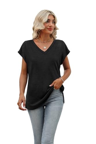 Black Tops for Women Short Sleeve Summer Cute Tops Sleeveless Tank Tops V Neck Loose Fit Shirts Black L - Image 2
