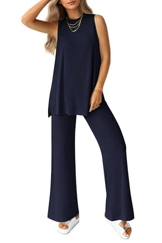PRETTYGARDEN Women's 2 Piece Lounge Set 2025 Summer Casual Loose Tank Top Wide Leg Pants Matching Travel Outfits Tracksuit (Navy,X-Large) - Image 1