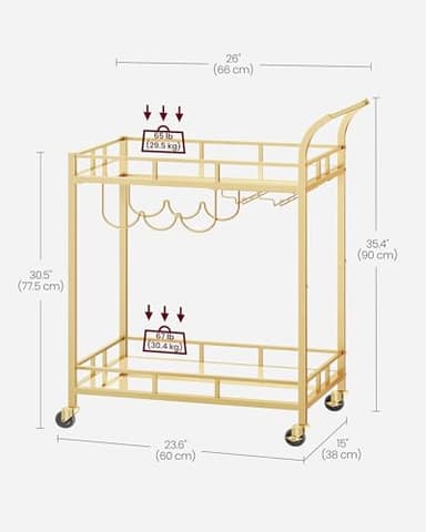 VASAGLE Bar Cart Gold, Home Bar Serving Cart, Wine Cart with 2 Mirrored Shelves, Wine Holders, Glass Holders, for Kitchen, Dining Room, Gold ULRC092A62 - Image 3