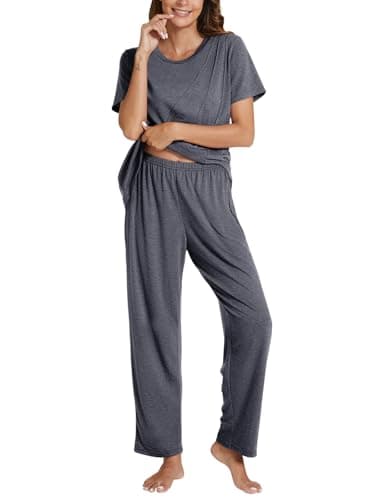 POKWAI Womens Pajama Sets Short Sleeve Top with Pants Soft Pj Women Pajamas Summer Pajamas for Women Pajama Pjs(Dark Gray,Large) - Image 1