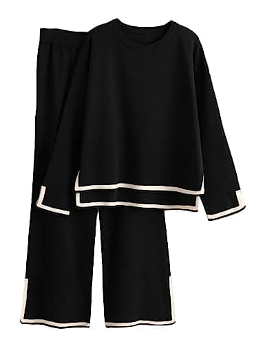 Tanming Women's 2 Piece Outfits Long Sleeve Knit Sweater Top Wide Leg Pants Lounge Sets Tracksuits (Black-M) - Image 1