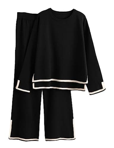 Tanming Women's 2 Piece Outfits Long Sleeve Knit Sweater Top Wide Leg Pants Lounge Sets Tracksuits (Black-M) - Image 1